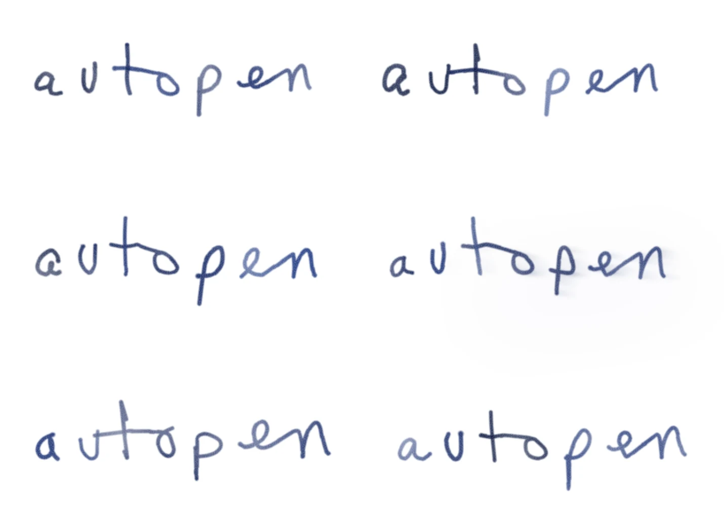 The word autopen written six times in the Lexi print style, each with slightly different letterforms