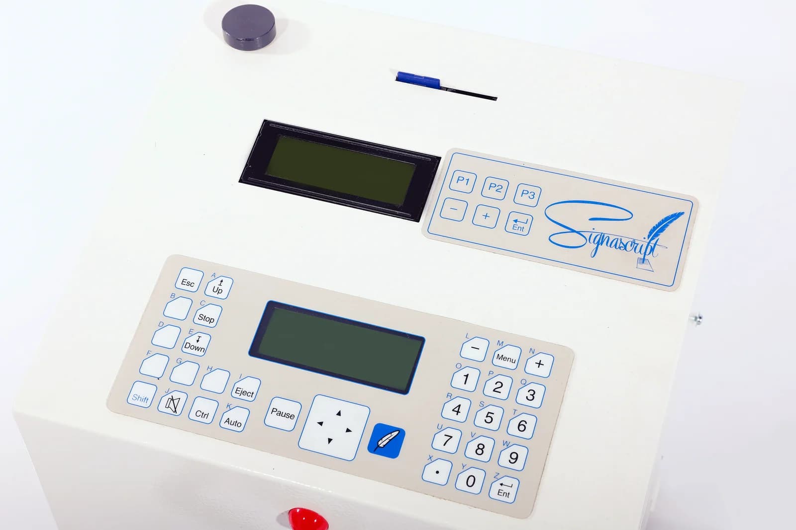 Autopen machine control panel with keypad and display screens