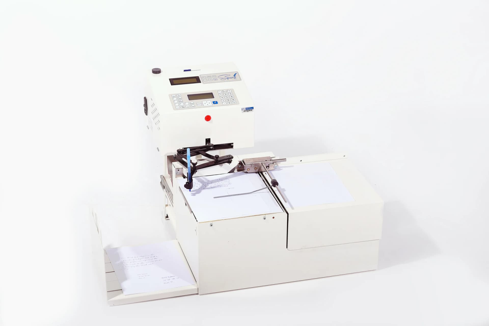 Universal Plus Autopen machine with numbered callouts for the control panel, writing head, elevator feeder, and drop tray