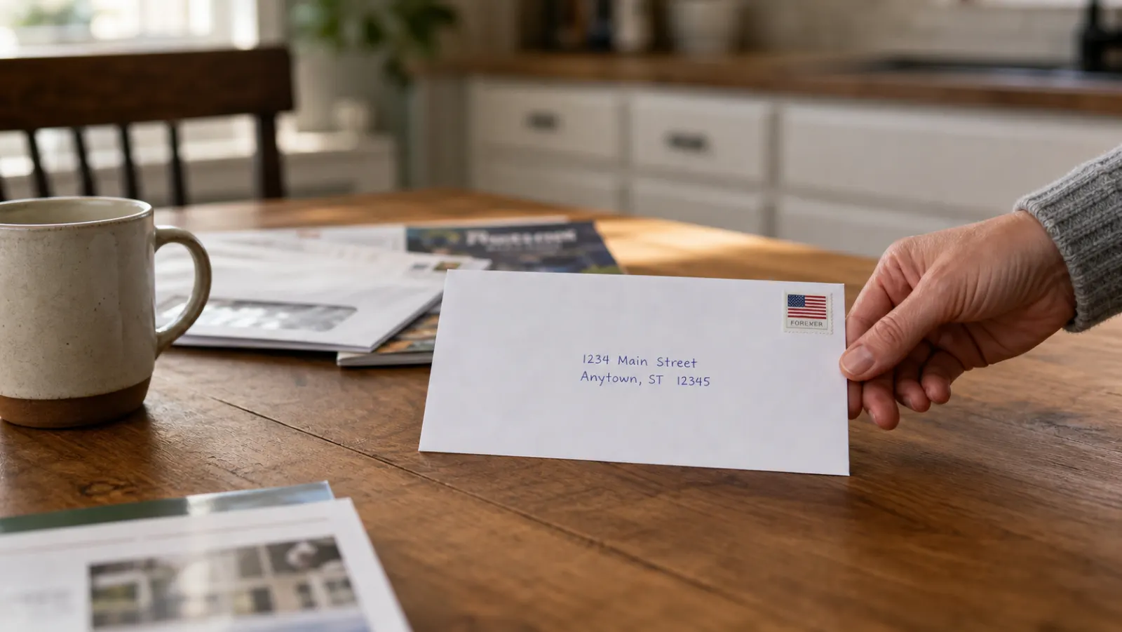 Hand holding a stamped handwritten-address envelope at a kitchen table with other mail