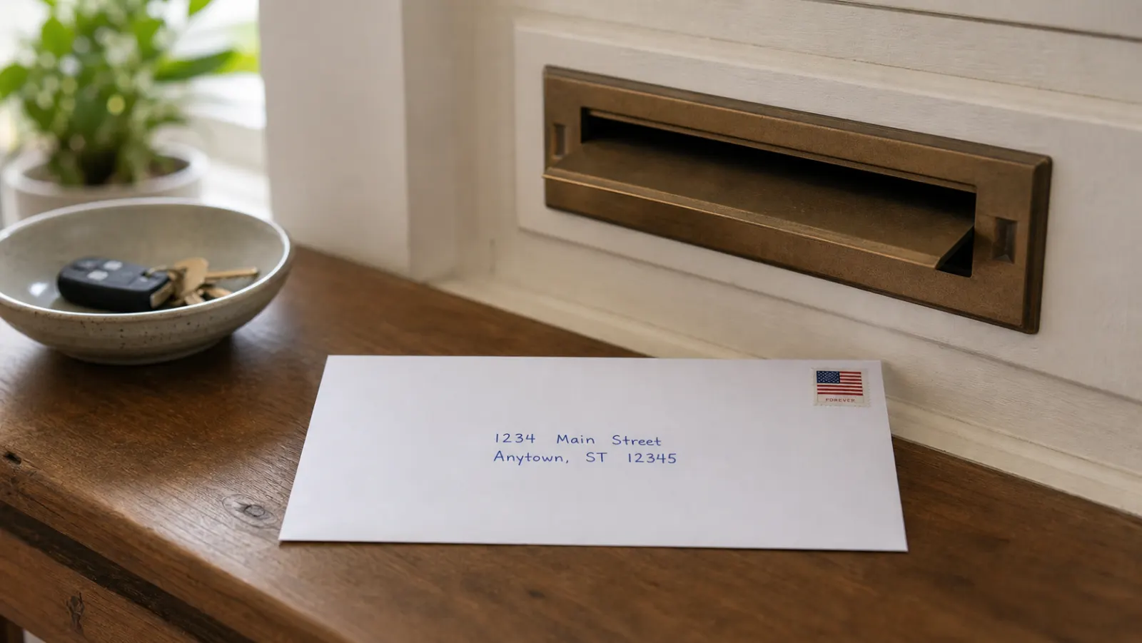 Stamped handwritten-address envelope on an entry table beside a brass door mail slot