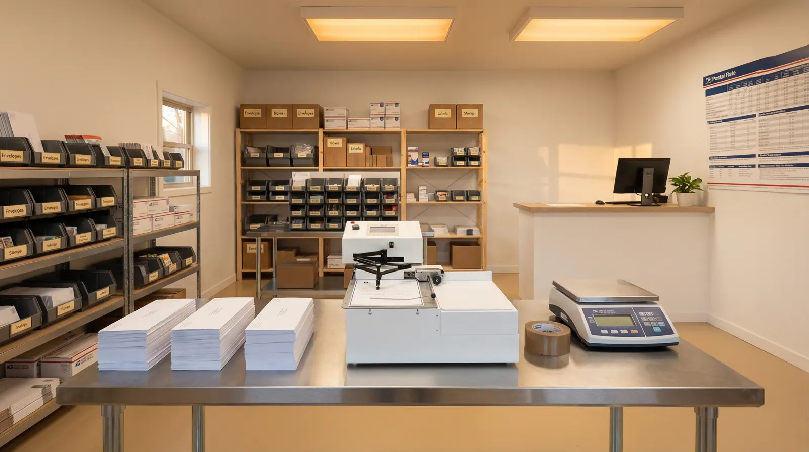 Small mail shop steel table with a handwriting machine, envelope stacks and a postal scale