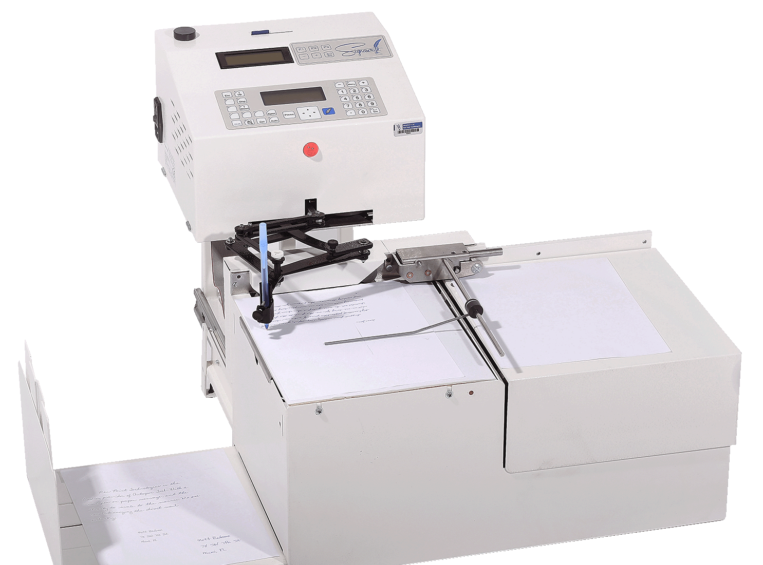 AI Image: Professional product photography of a vintage autopen handwriting machine positioned on a clean white pedestal against a soft gradient background from light gray to white. The machine is shown at a three-quarter angle with its silver-gray metallic body and black pen arm clearly visible. A blue ballpoint pen is loaded in the grip, positioned as if ready to write. Soft studio lighting from the upper-left creates subtle highlights on the metal surfaces and a gentle shadow beneath. The composition is centered with generous negative space around the machine. Clean, modern commercial product photography style with crisp details and a minimalist aesthetic. 4:3 aspect ratio.