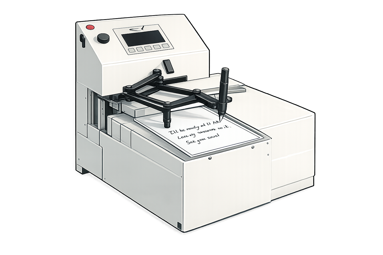 AI Image: Flat illustration on transparent background. A person sitting at a desk with a simple autopen machine, writing on an envelope. A phone with a support headset icon floats nearby. Soft sage green (#4CAF50) and warm amber (#FF9800) color palette. Clean rounded shapes, minimal detail, modern flat illustration style. No background, transparent edges. 1:1 aspect ratio.